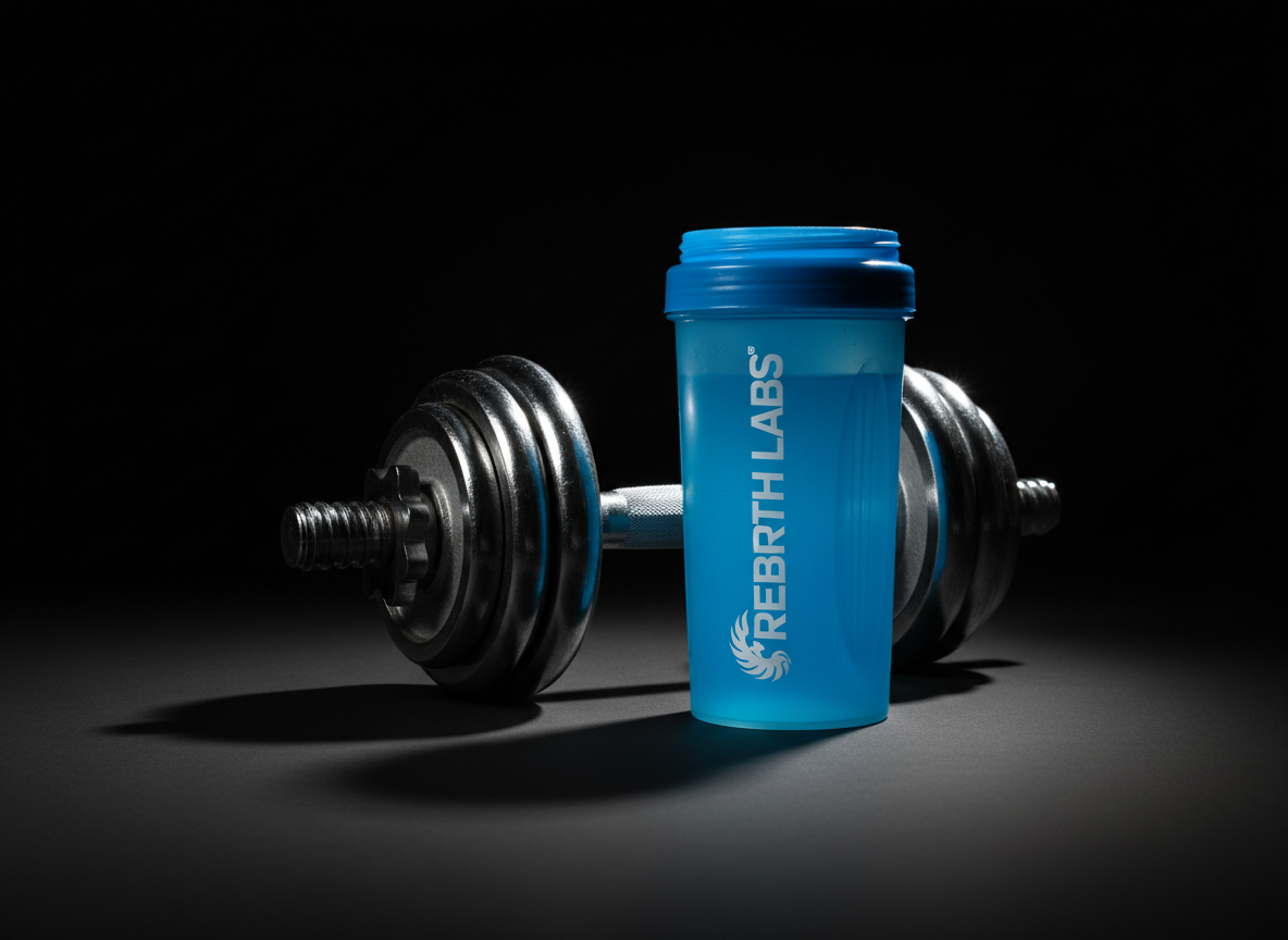 A heavy chrome dumbbell resting beside a translucent shaker bottle filled with an opaque electric-blue protein shake branded “Rebirth Labs,” both placed on a seamless matte black surface. The minimalist background is an ink-black void that swallows detail, focusing all attention on the objects. A razor-sharp side light from the right creates bright specular highlights on the metal knurling and shaker contours, with deep, hard-edged shadows stretching left. Captured from a low-angle perspective to exaggerate size and strength, with shallow depth of field blurring the far edges. The mood is intense and high-impact, evoking raw muscle-building energy in a hyper-realistic photographic style.