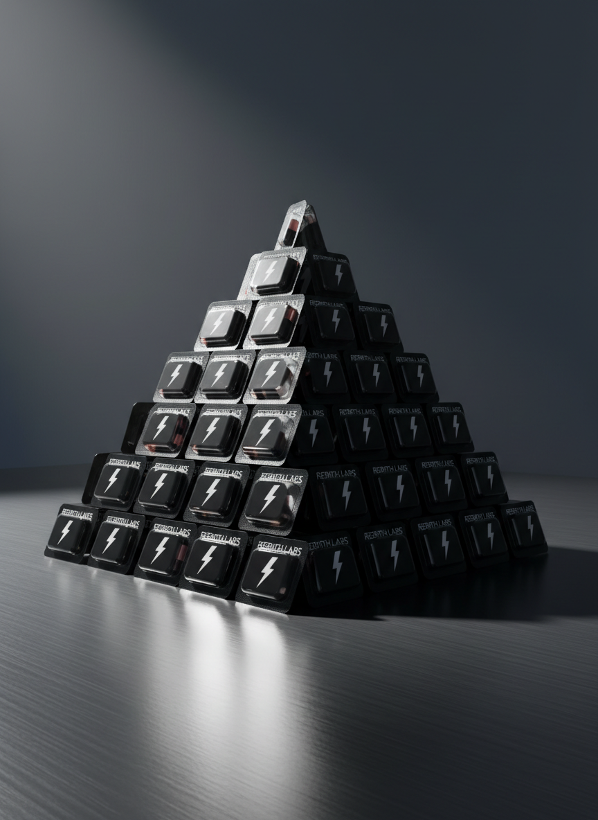 A meticulously stacked pyramid of glossy black Rebirth Labs capsule blister packs on a brushed metal surface, each pack labeled with precise white typography and a subtle lightning-bolt motif. The background is a minimalist slate-gray wall that gently fades into darkness. A narrow beam of directional light from the left cuts across the scene, catching the reflective plastic and metal, throwing long, knife-edged shadows to the right and below. Shot from a three-quarter angle with strong leading lines drawing the eye upward, emphasizing progress and transformation. The mood is clinical yet intense, fusing pharmaceutical precision with bodybuilding power in a high-impact, realistic photographic style.